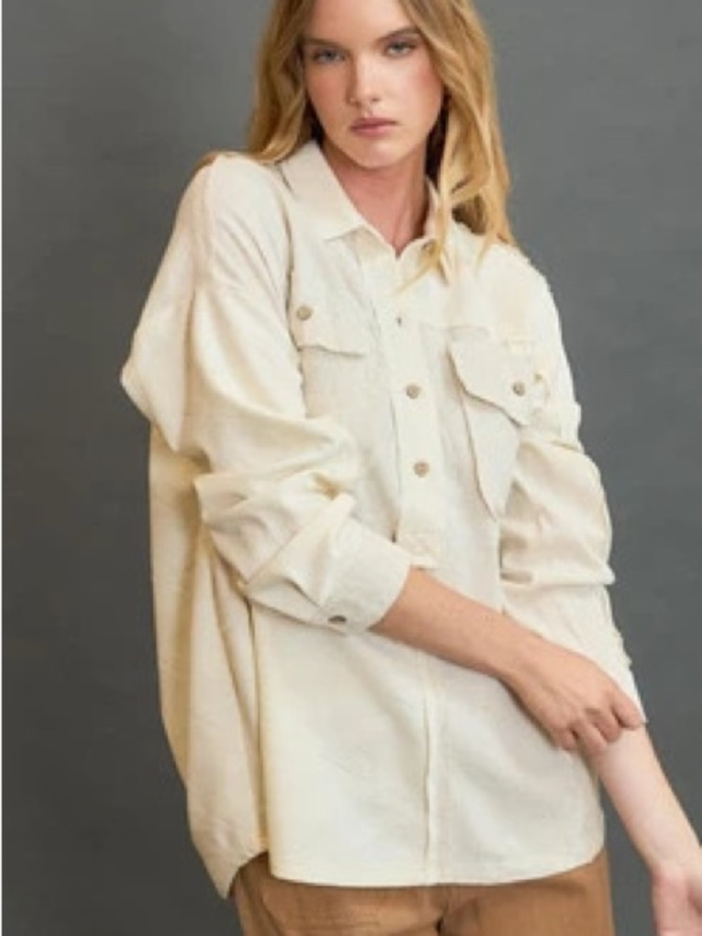 Umgee Cream Oversized Cotton and Linen Button-Front Jacket Shirt